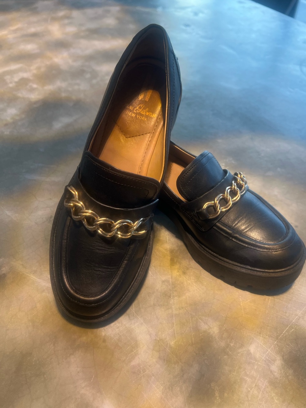 Sam Edelman Loafers Taelor Black Chunky Heel Golden Chain